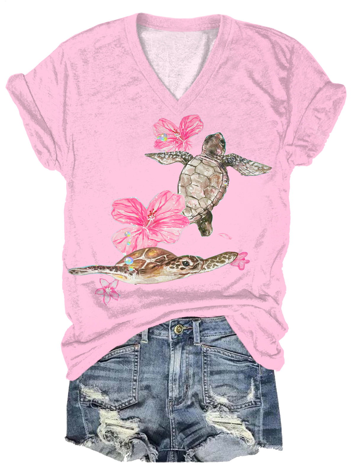 귀여운 꽃무늬 거북이 아트 V넥 티셔츠