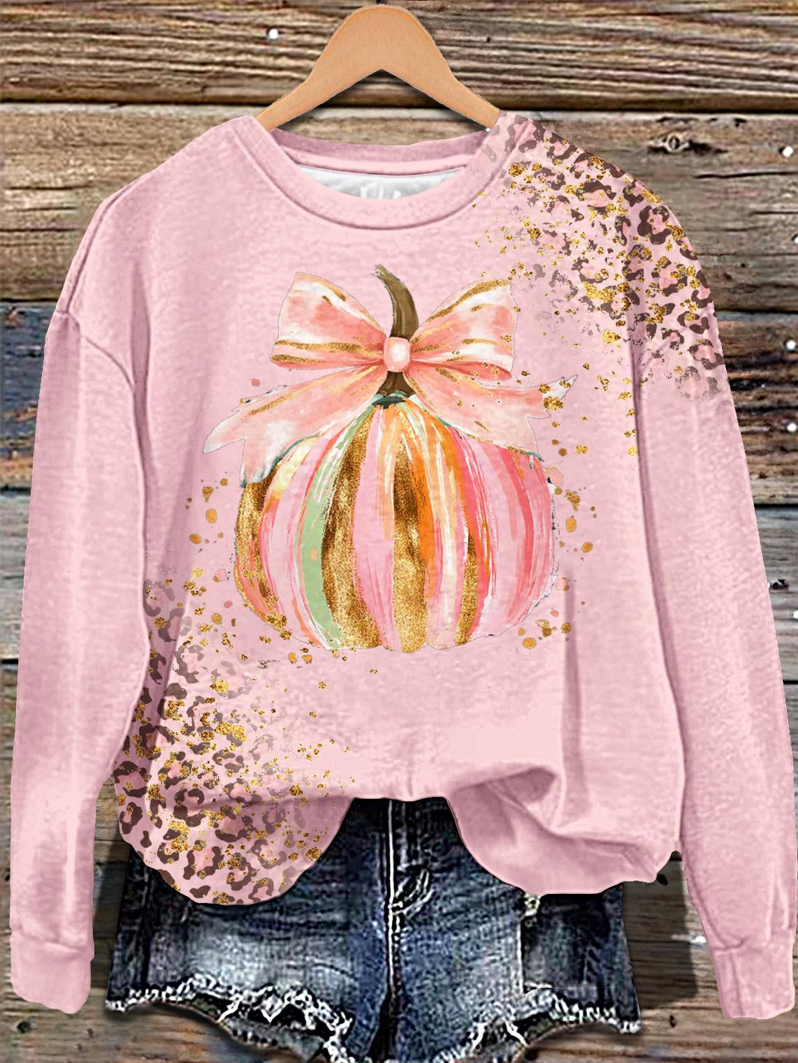 Halloween Leopard Print Halloween Pumpkin Long Sleeve Casual Top