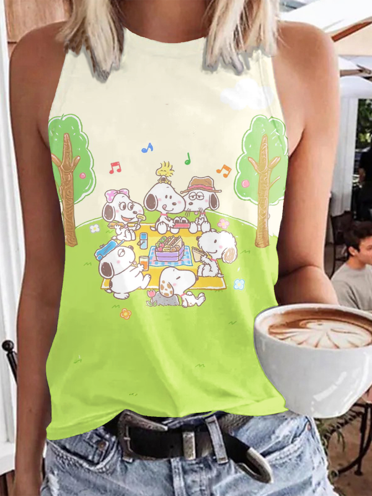 Fun Holiday Picnic Snoopy Print Casual Sleeveless Top