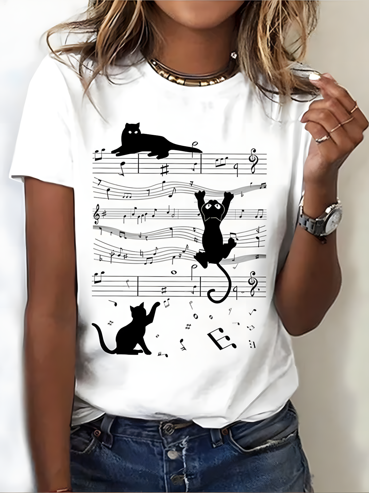 Vintage Sheet Music Cat Art Crew Neck T-shirt