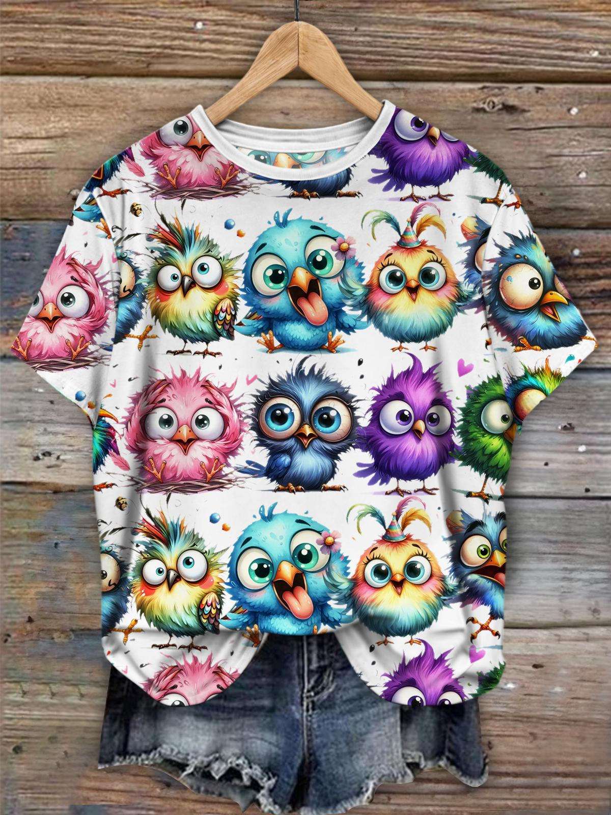 귀여운 새 프린트 캐주얼 반팔 탑