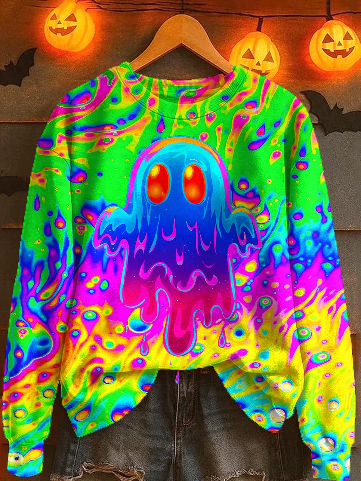 Halloween Colorful Ghost Printed Long Sleeve Casual Top