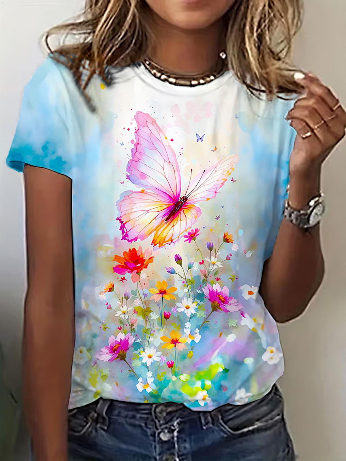 ファンタジーバタフライプリントクルーネックTシャツ