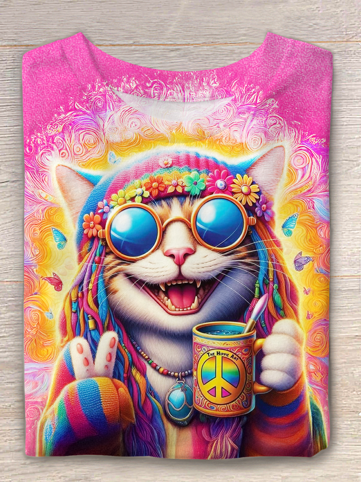 Colorful Hippie Peace Cat Art Crew Neck T-shirt
