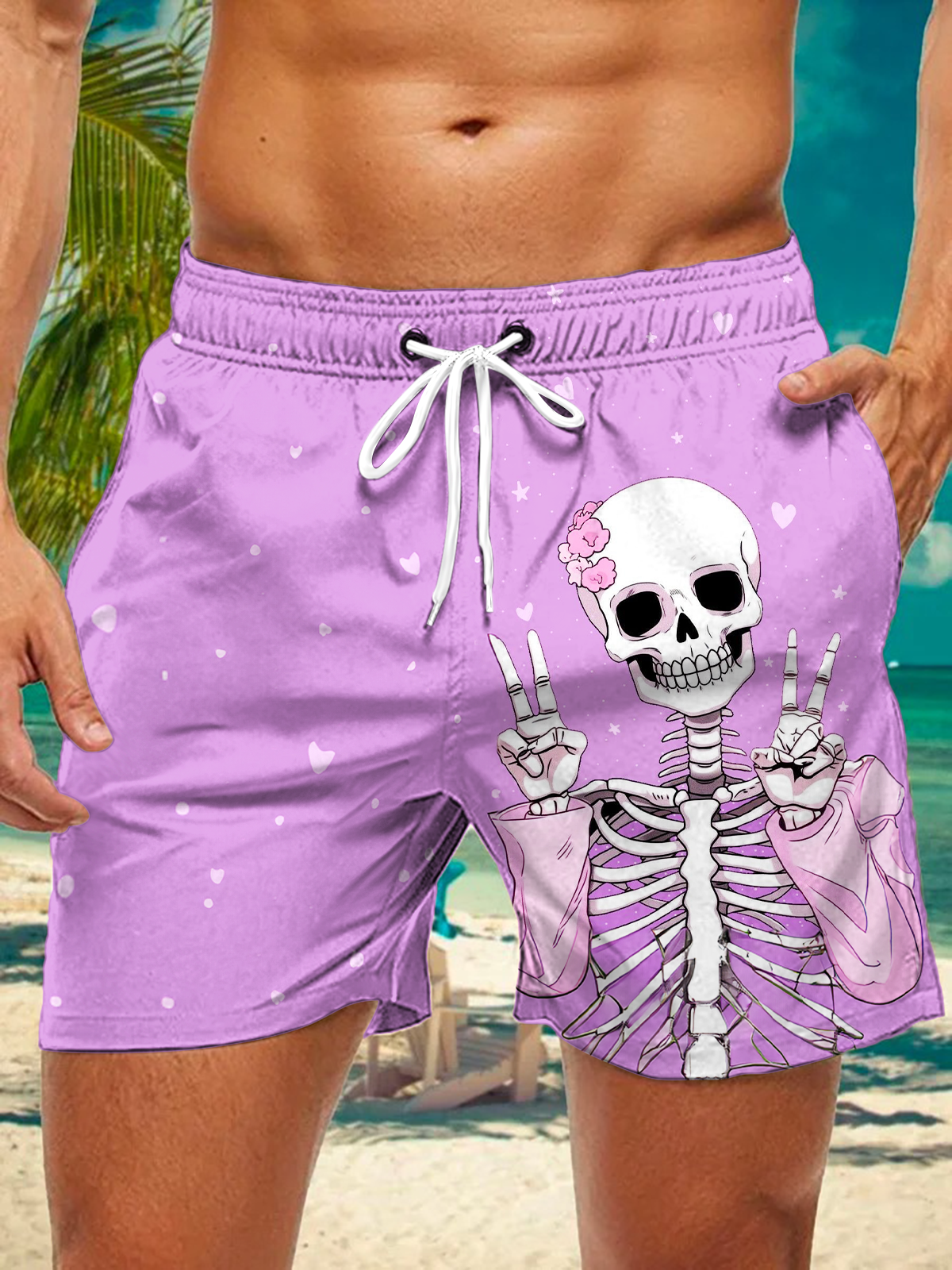 Men's Fun Hippie Skull Art Print Pocket Shorts