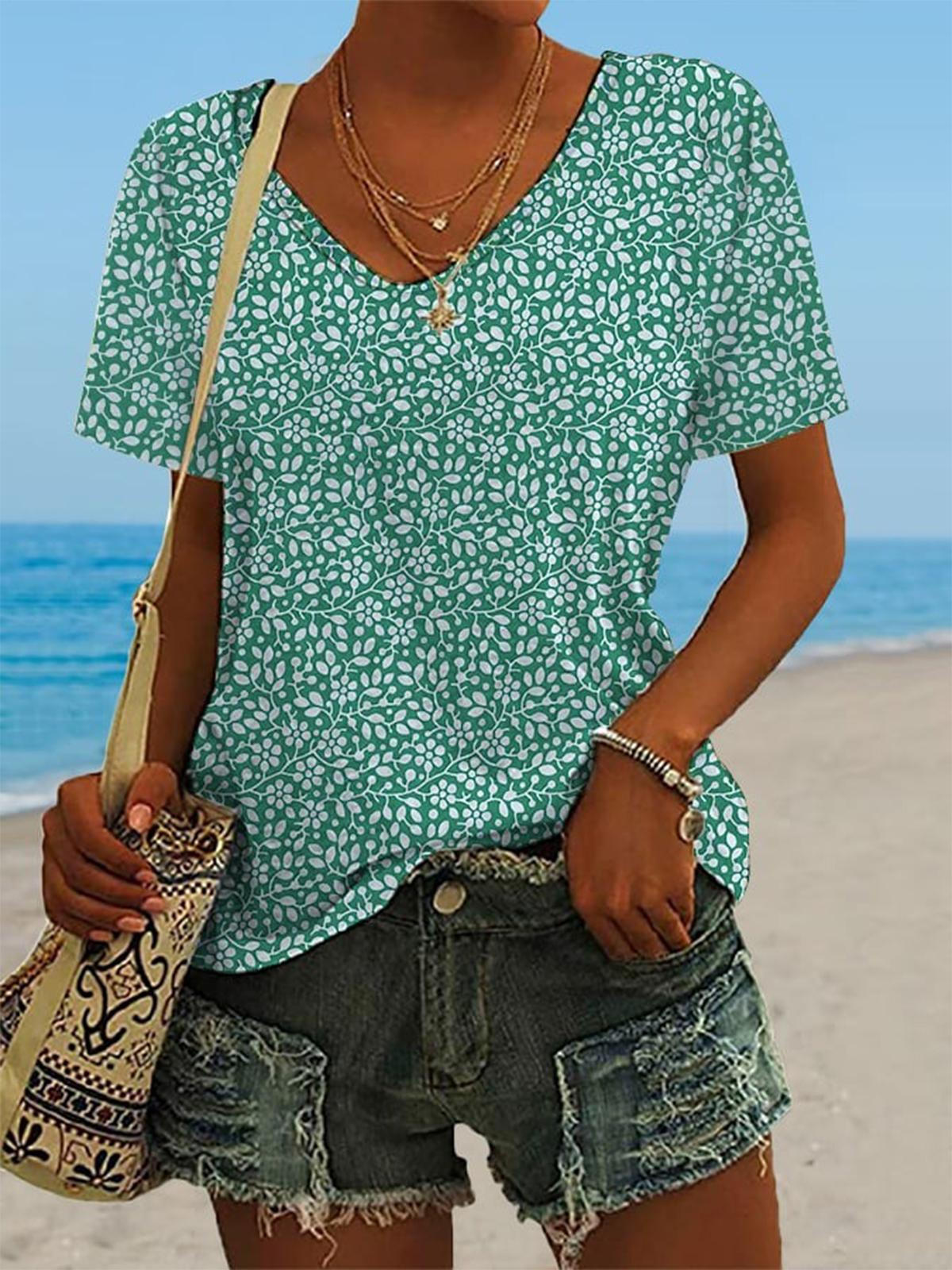 Floral V-Neck Short Sleeve T-Shirt