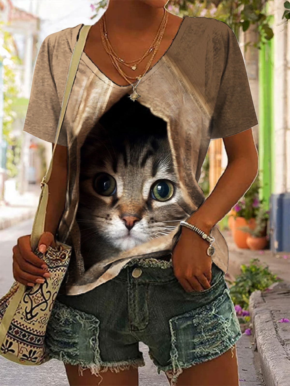 3D Funny Cat Print V-Neck Short Sleeve T-Shirt
