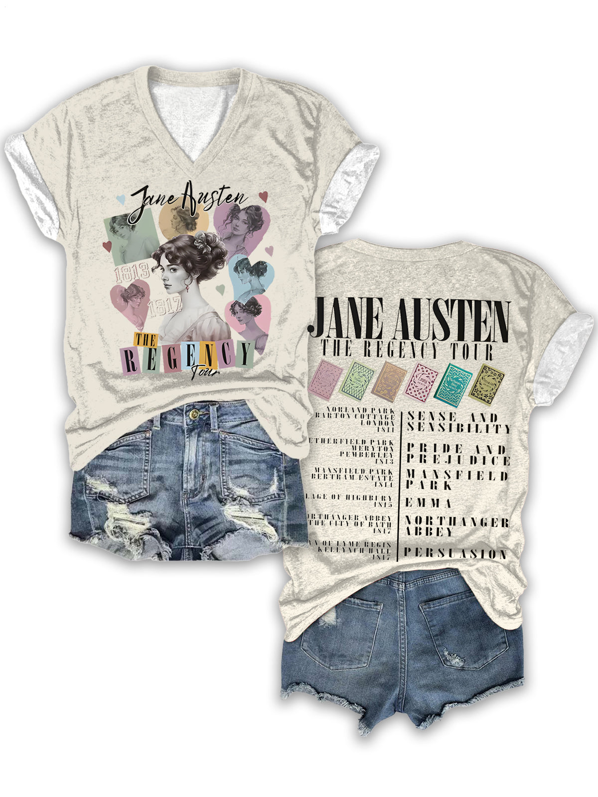 오만과 편견 콜라주 프린트 V넥 티셔츠