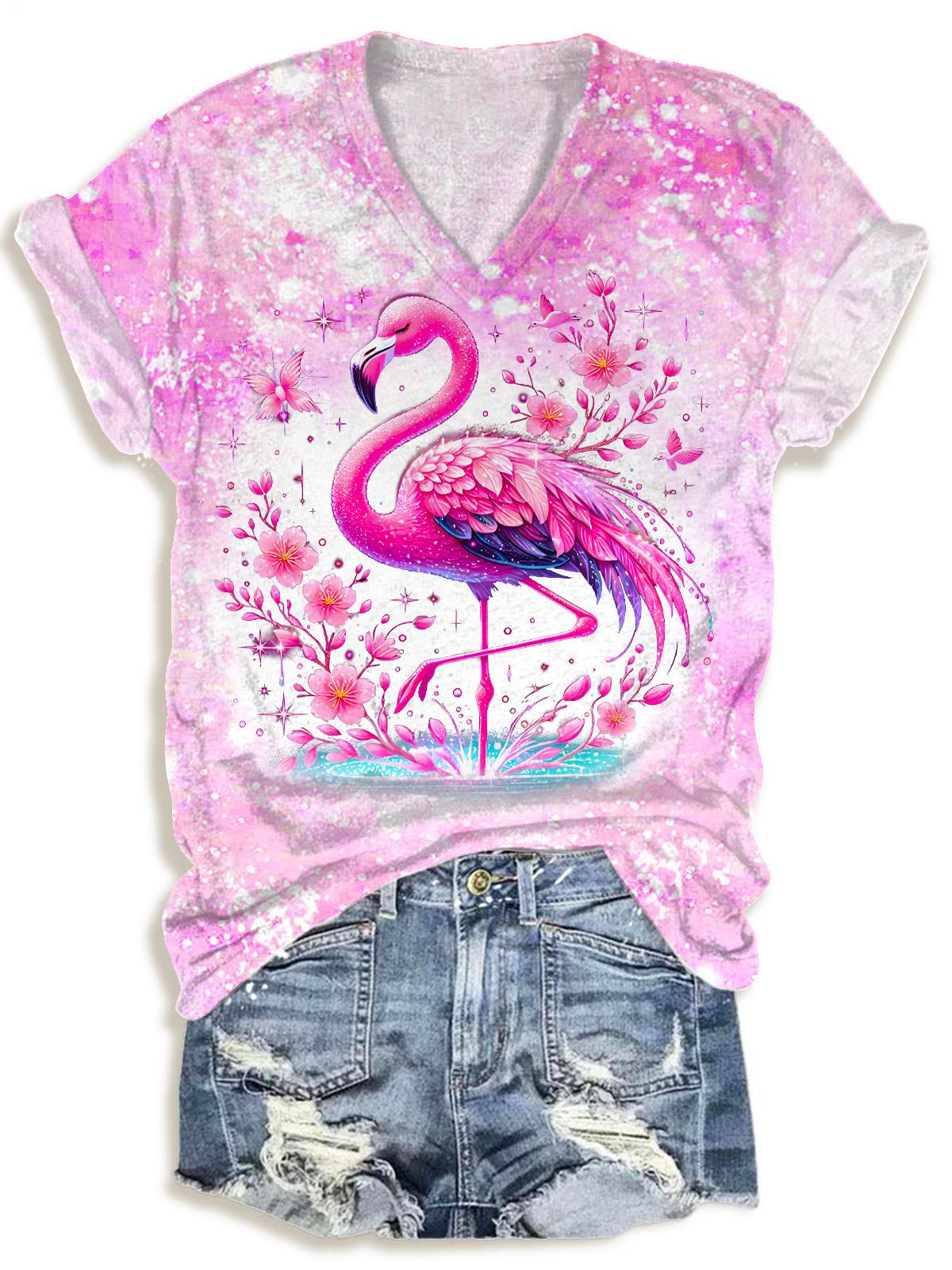 Süßes T-Shirt mit V-Ausschnitt und Flamingo-Print