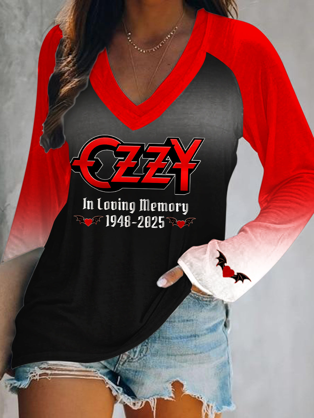 In Memory of Ozzy Osbourne Print V-Neck Long Sleeve Top