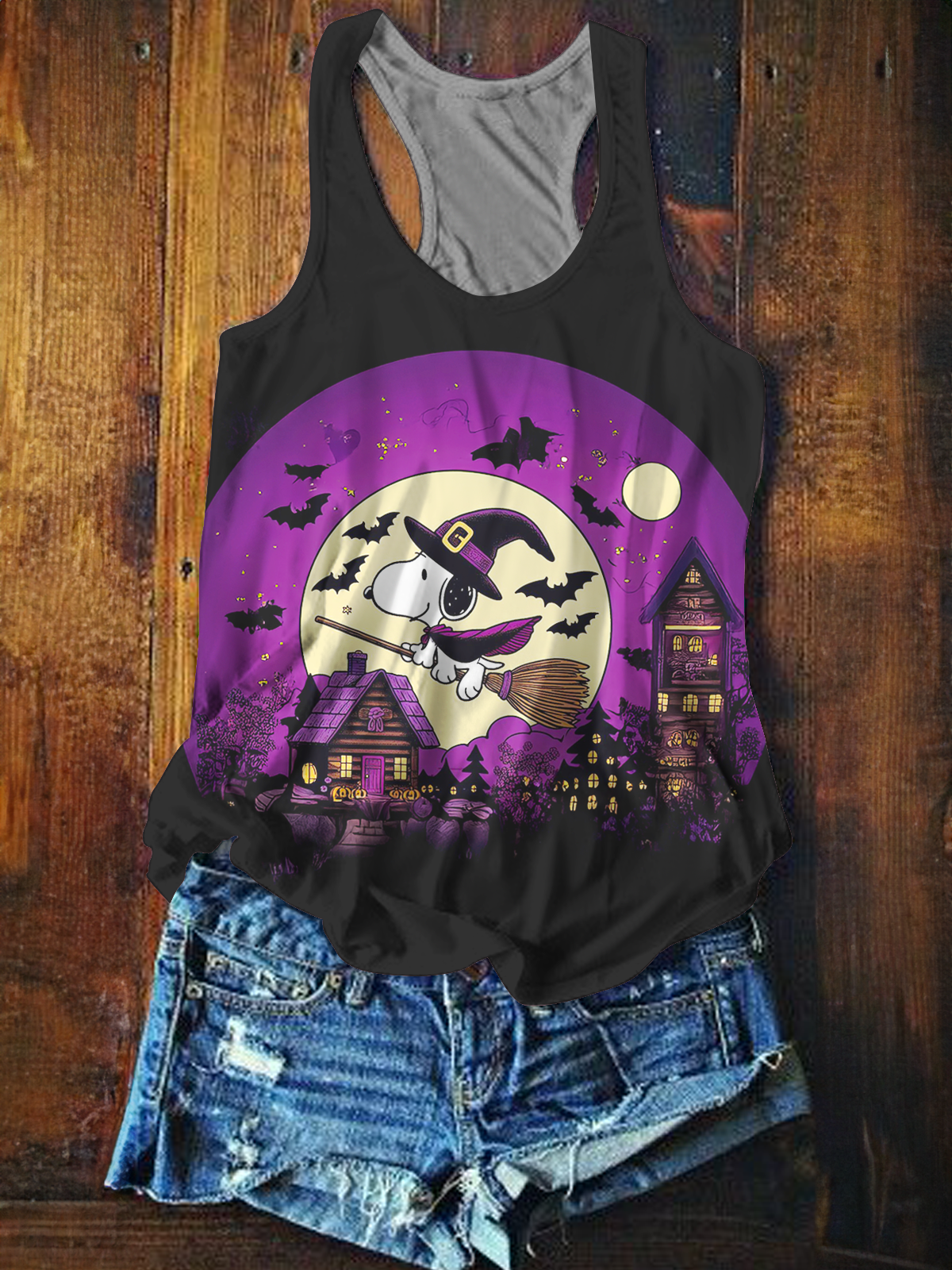 Funny Flying Witch Snoopy Printed Casual Tank Top