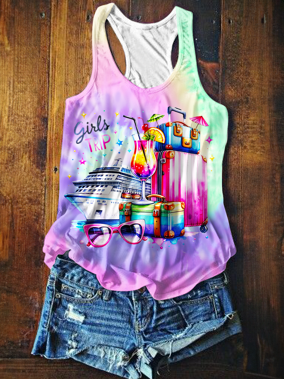 Girls Trip&Colorful Cruise Printed Casual Tank Top