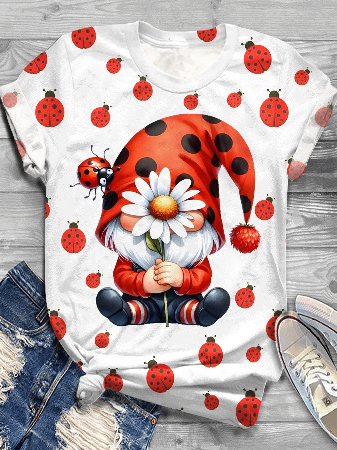 Cute Ladybug Gnome Printed Crew Neck T-shirt