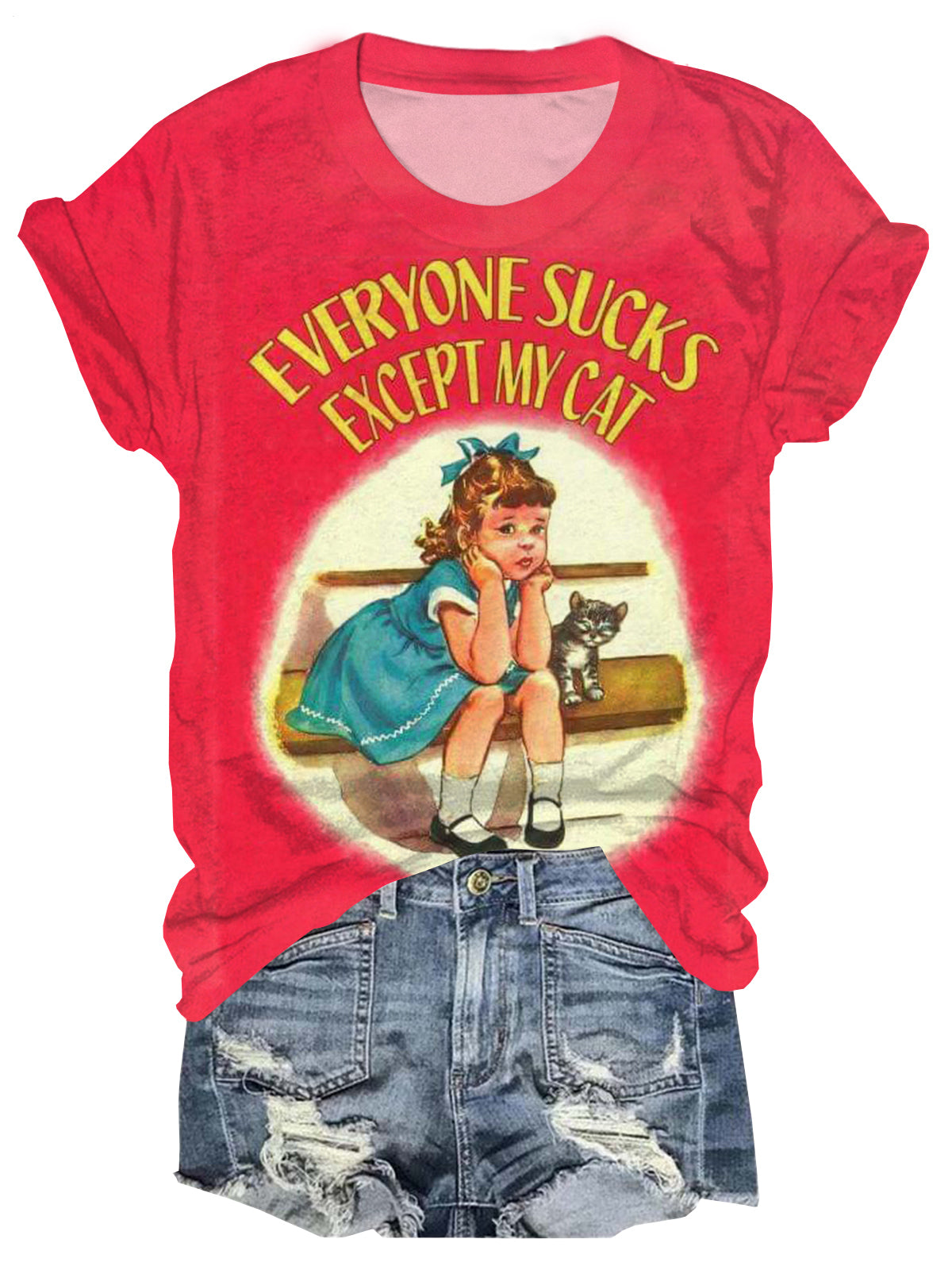 빈티지 Everyone Sucks Expect My Cat 크루넥 티셔츠