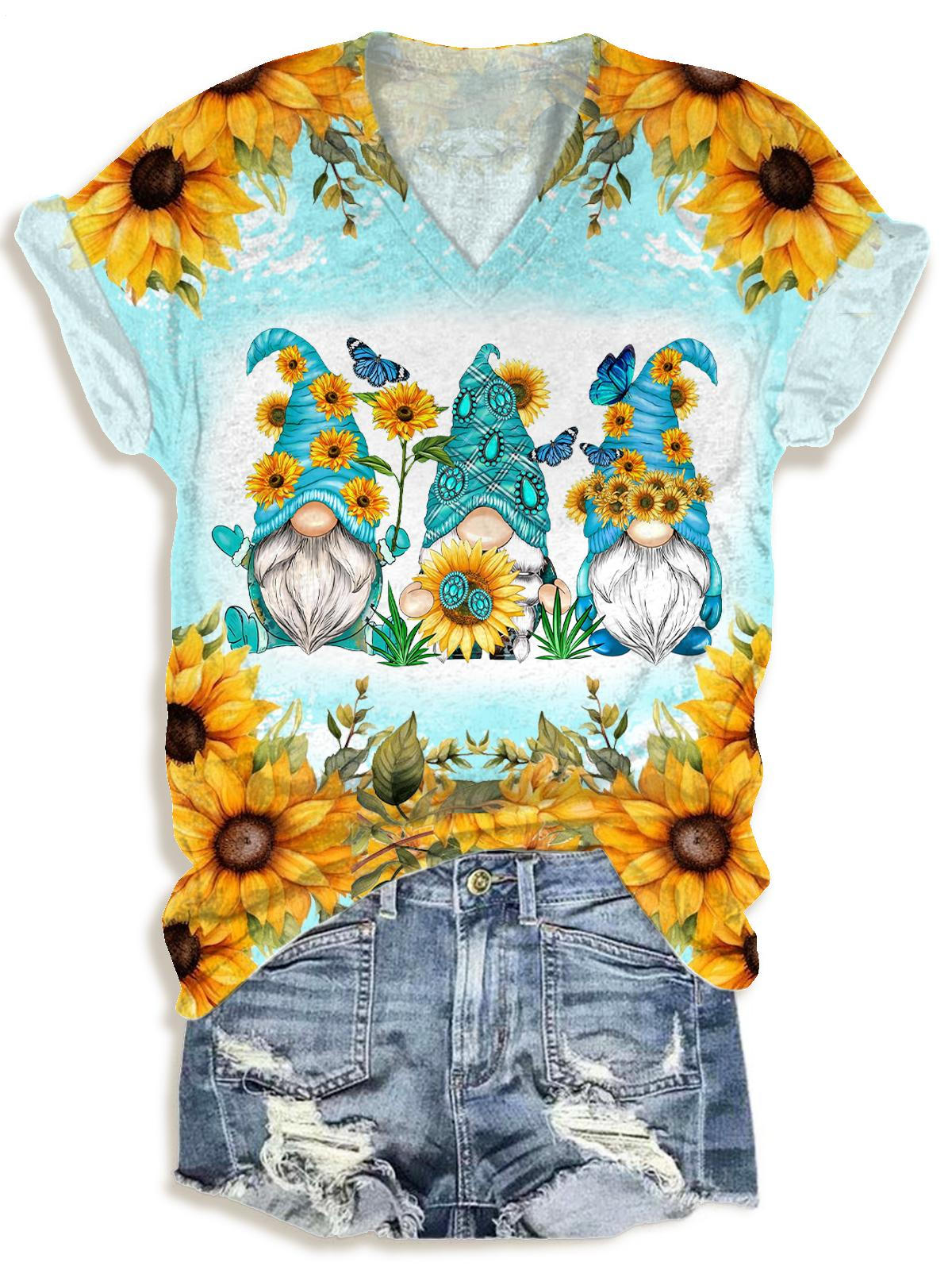 Sunflower Cute Gnome Print V-neck T-Shirt