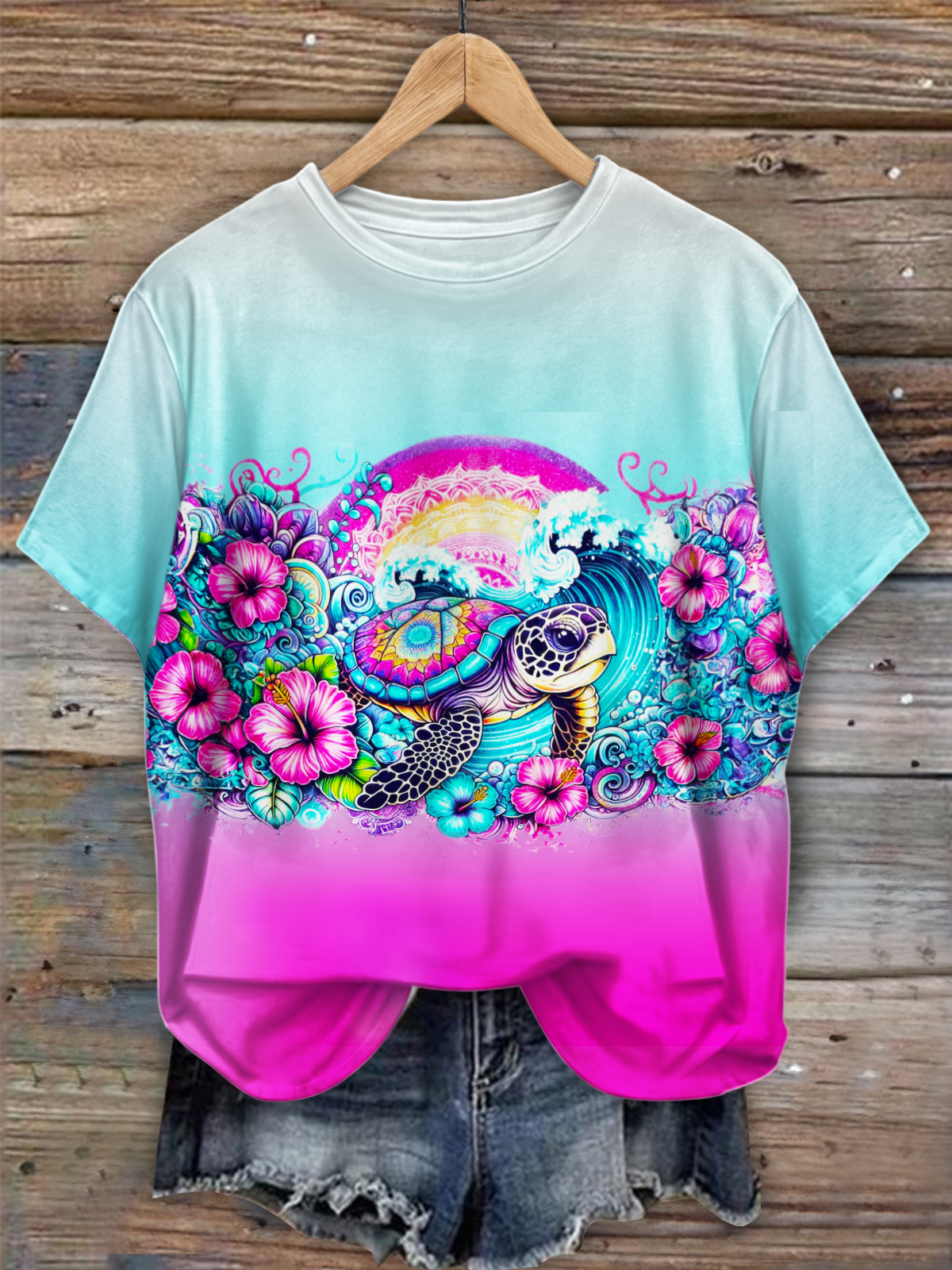 Floral Turtle Art Crew Neck T-shirt