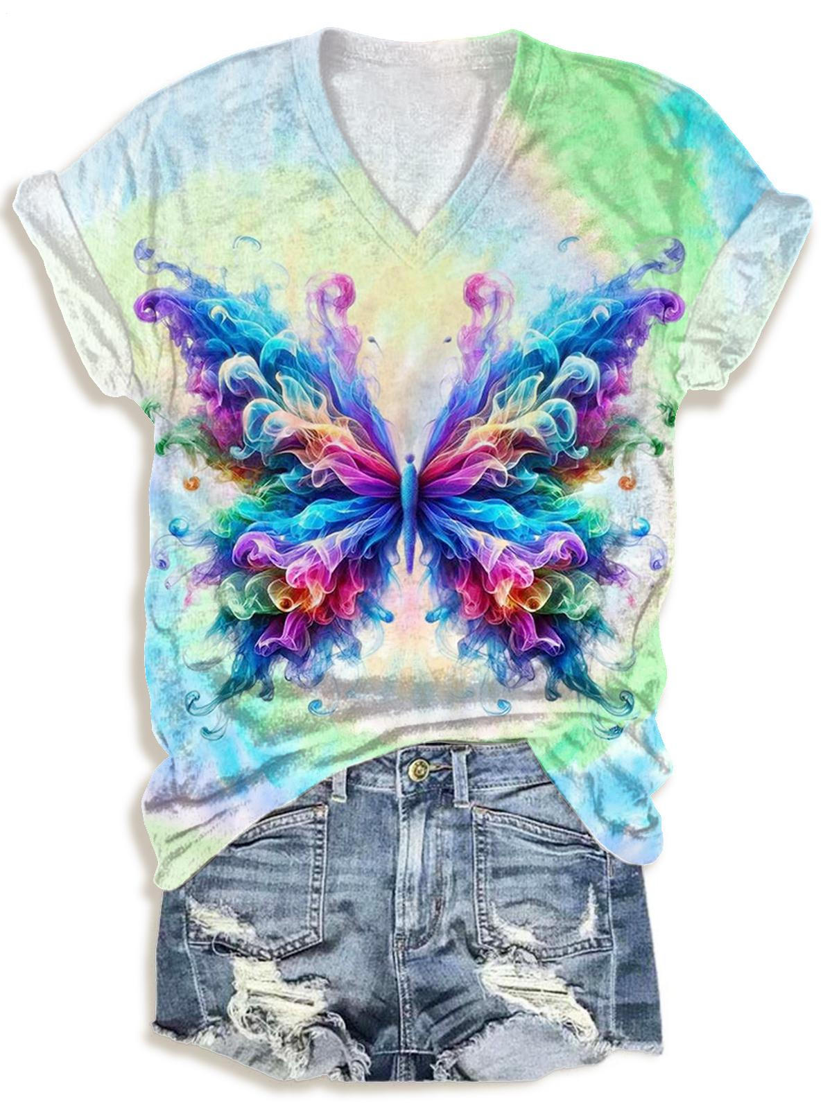 여름 스모크 버터플라이 V넥 티셔츠