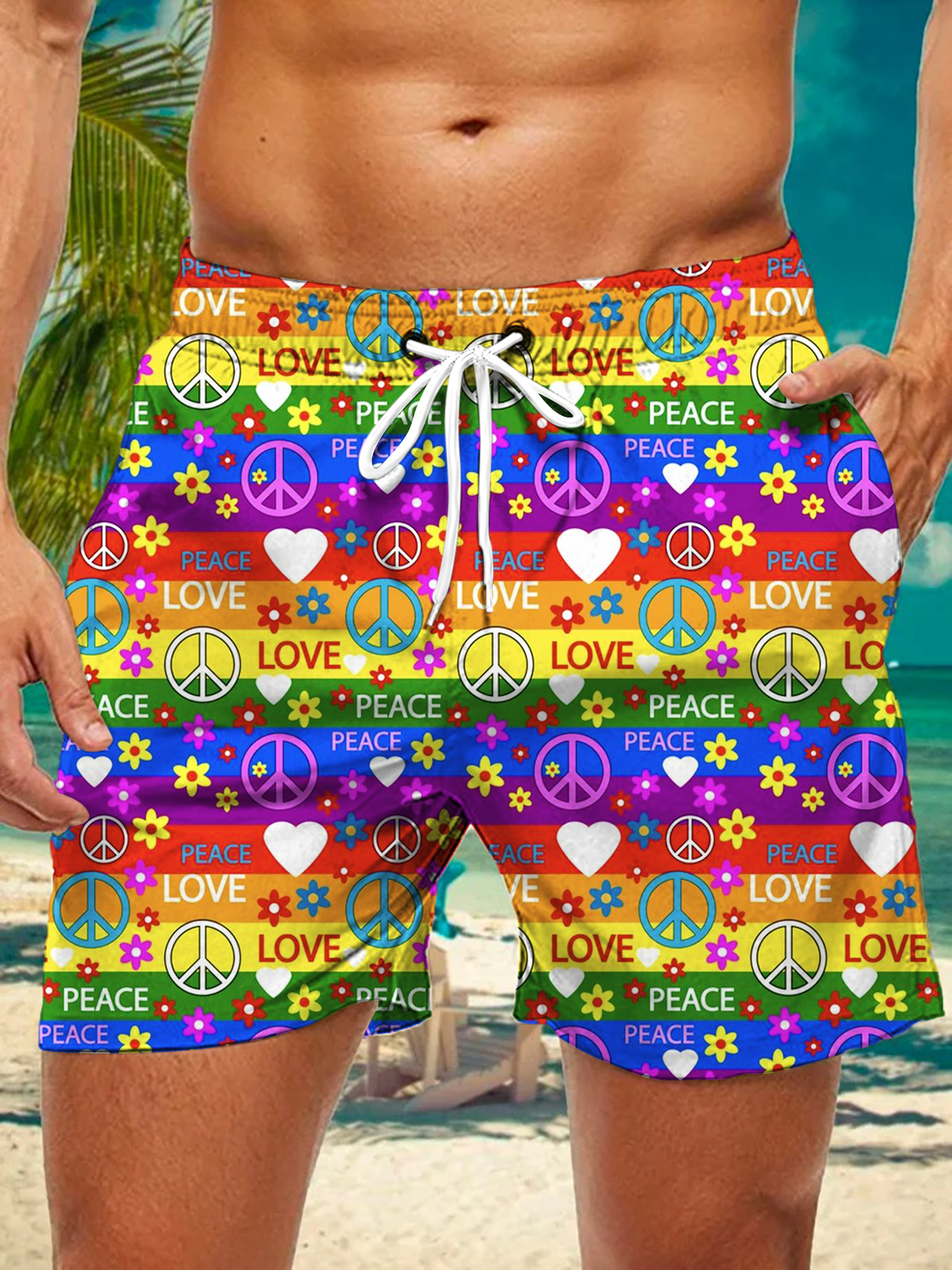 Colorful Classic Hippie Peace Art Men's Print Pocket Shorts