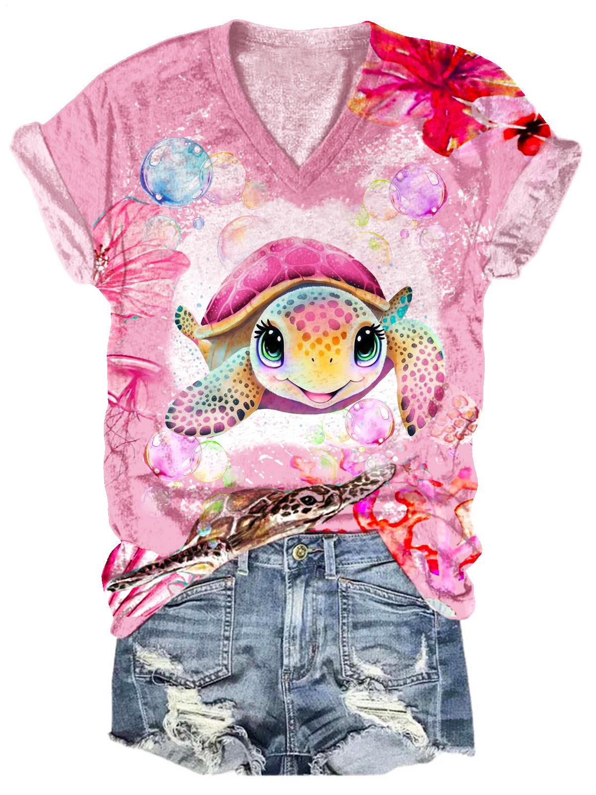 T-shirt col V imprimé tortue pour femme pour la Saint-Valentin