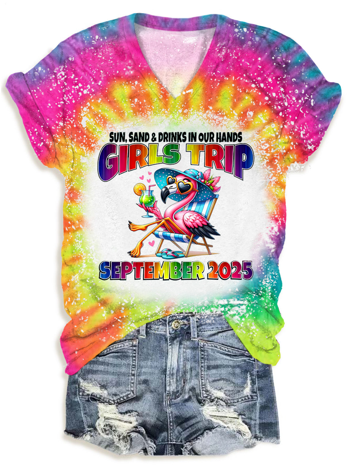 Girl Trip 2025 Flamingo-Urlaub T-Shirt mit V-Ausschnitt