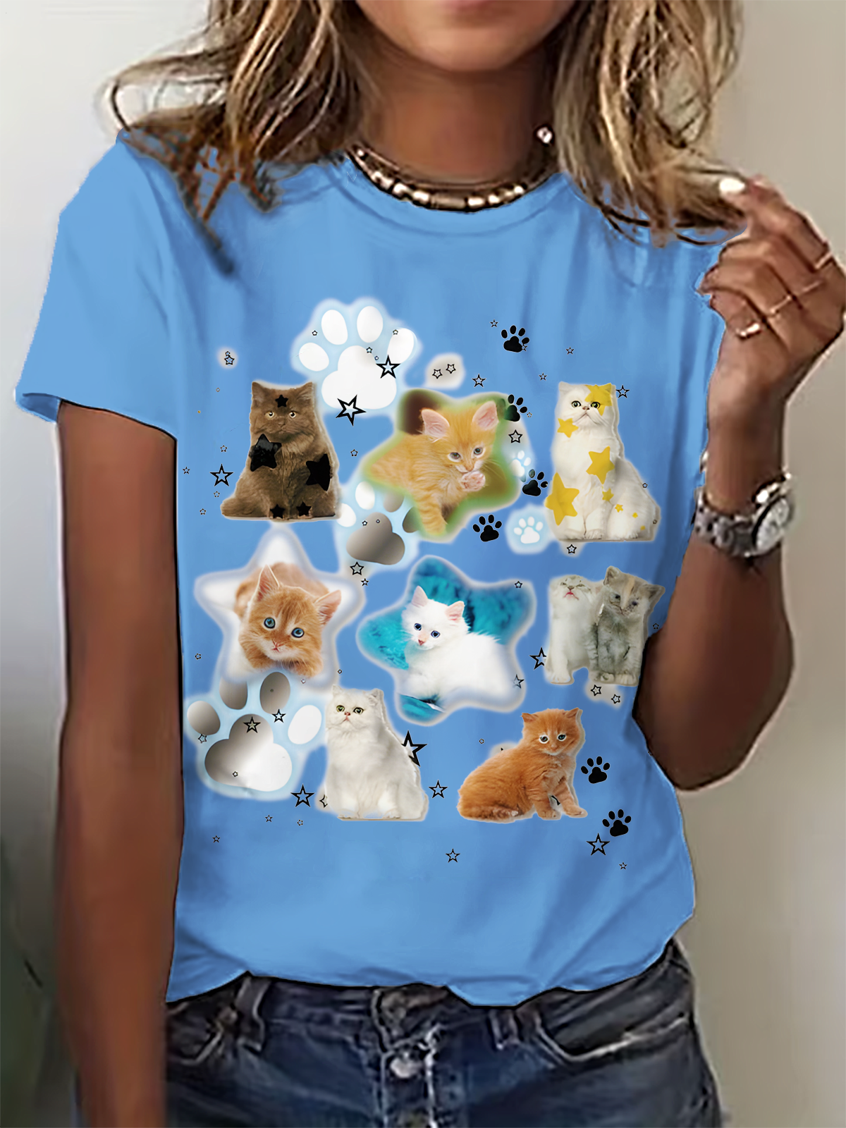 おもしろレトロかわいい猫アートクルーネックTシャツ