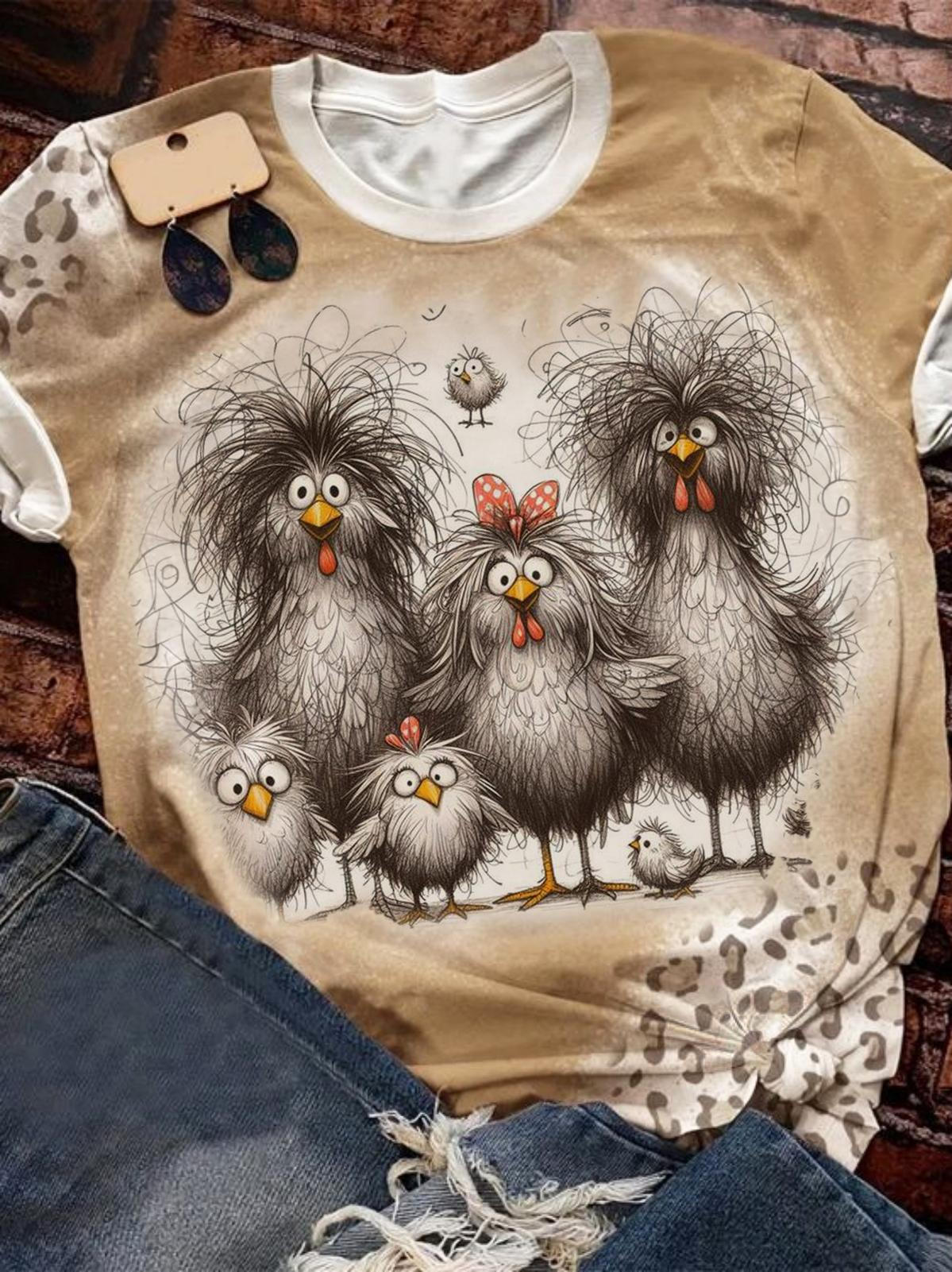 Funny Chicken Family Tie Dye Crew Neck T-shirt