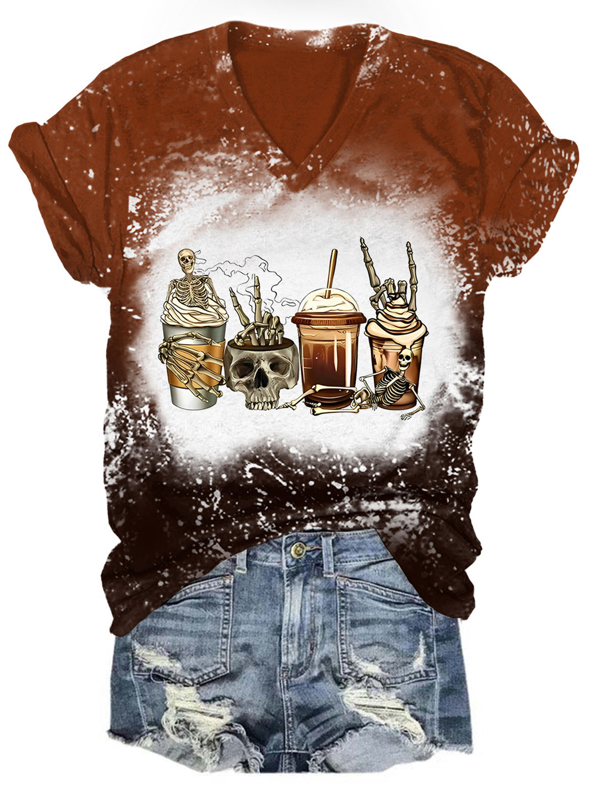 T-shirt femme tie-dye dégradé à imprimé tête de mort et café