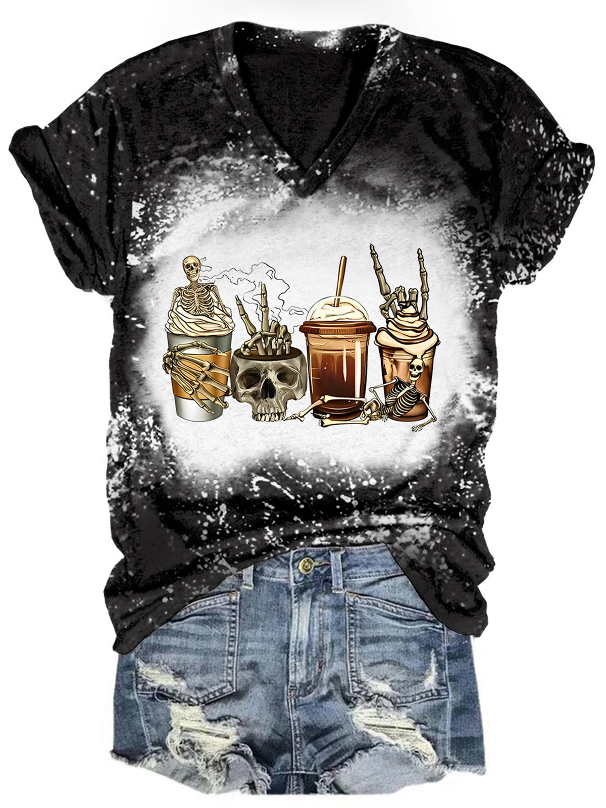 T-shirt femme tie-dye dégradé à imprimé tête de mort et café