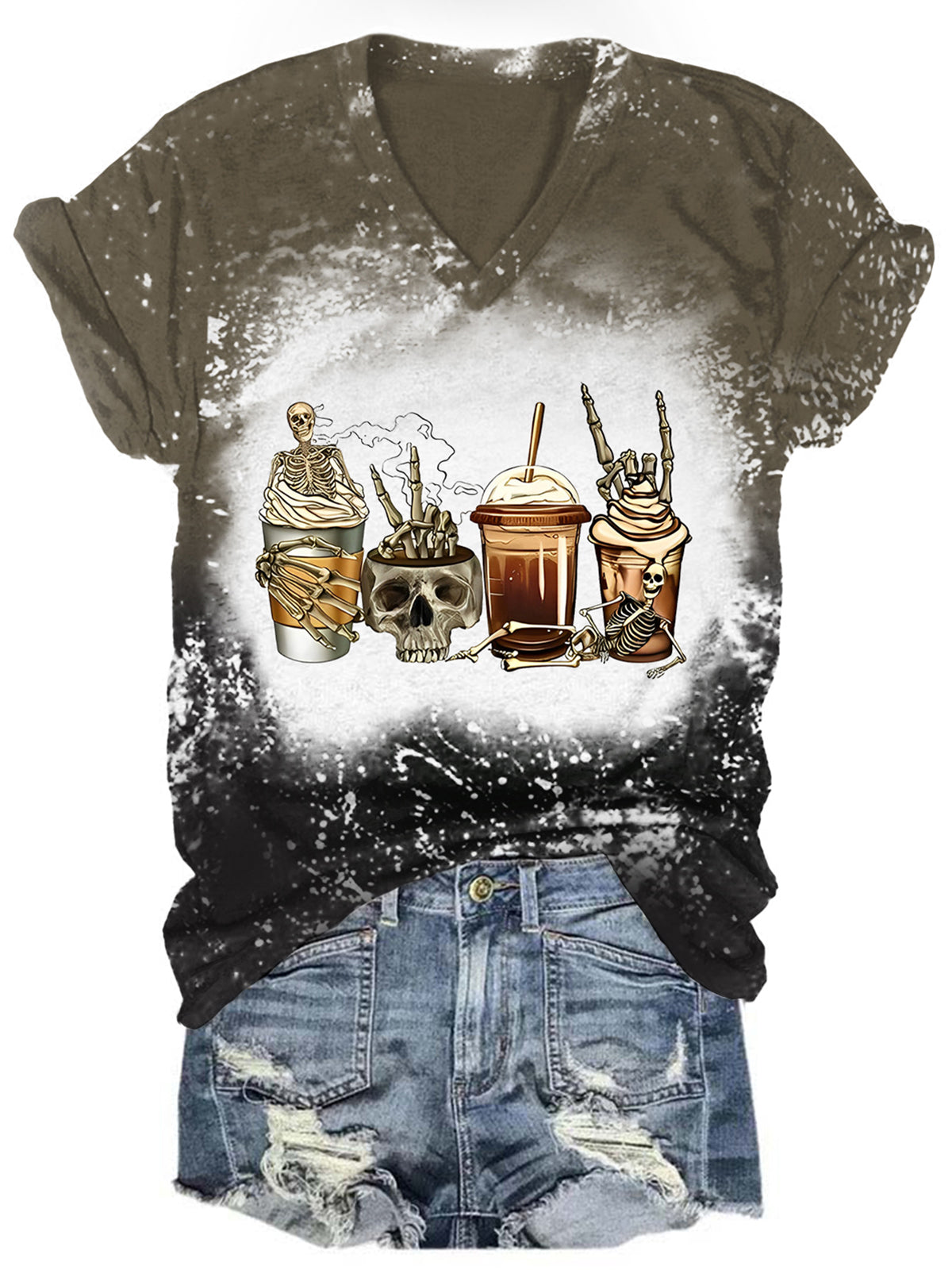 T-shirt femme tie-dye dégradé à imprimé tête de mort et café