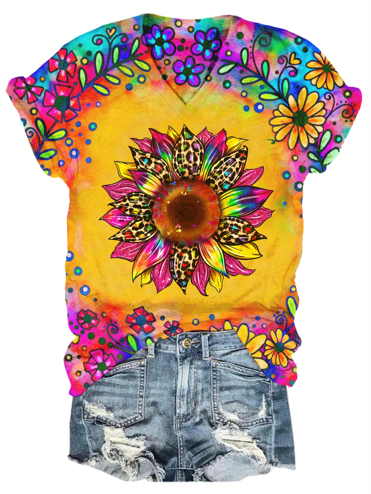T-shirt col V imprimé tournesol tie-dye