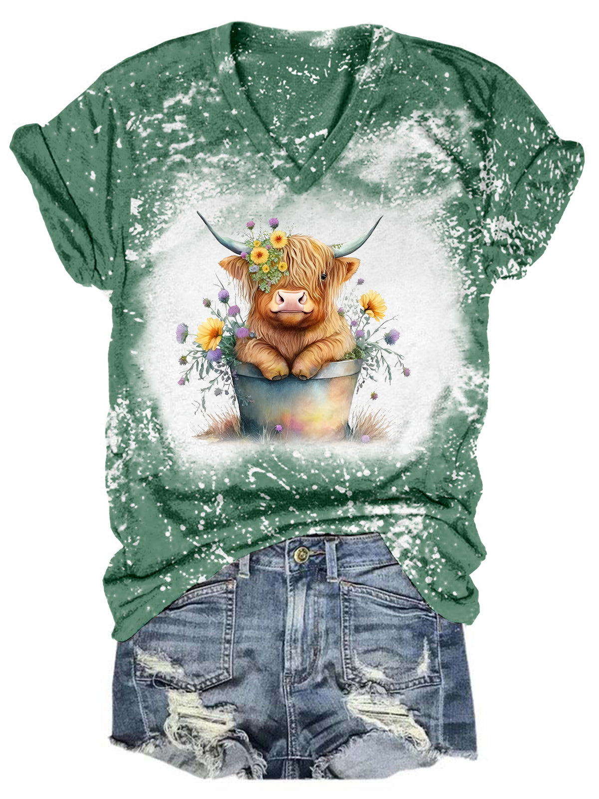 T-shirt col V tie-dye motif vache Highland pour bébé
