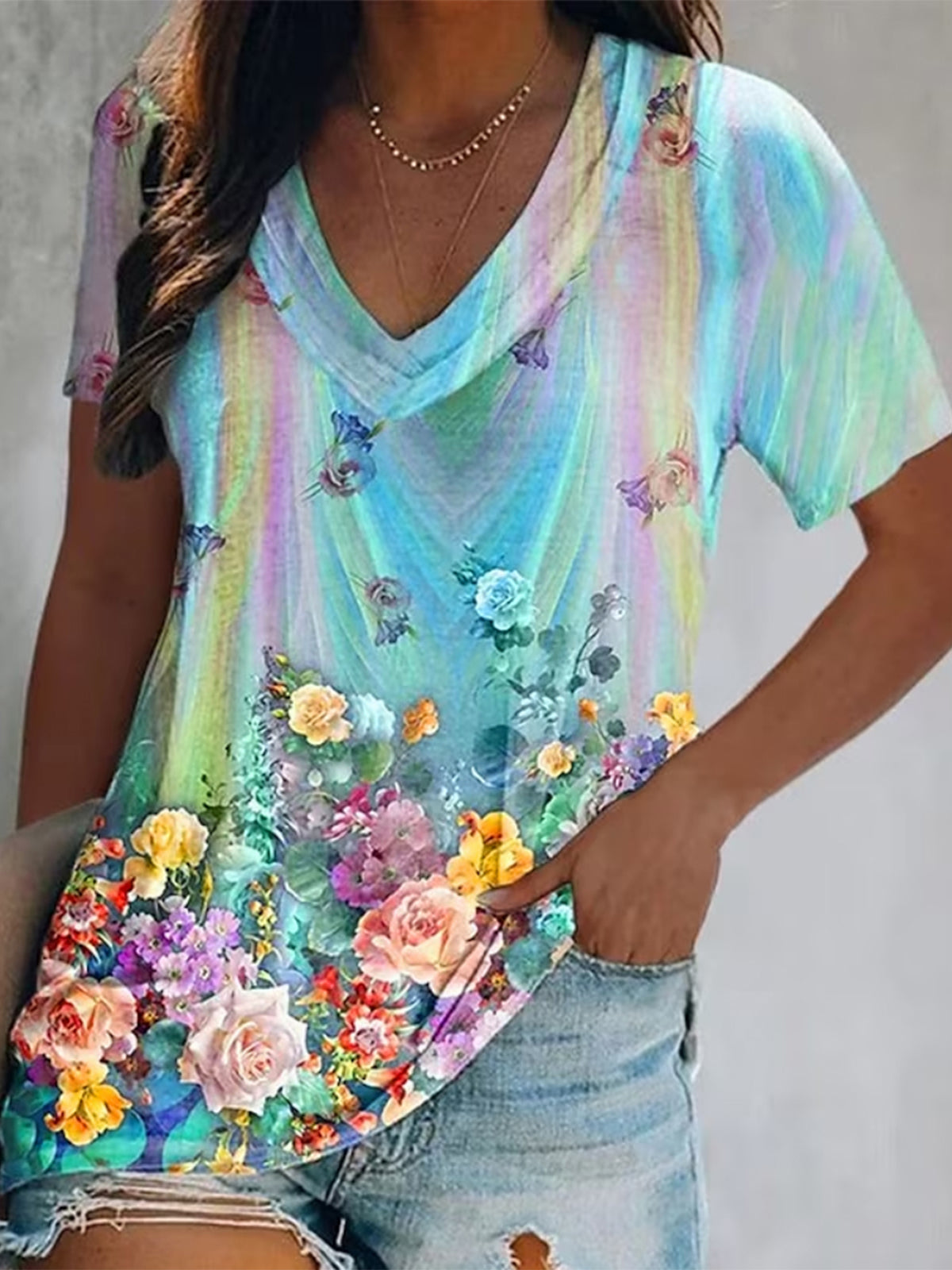 플라워 V넥 티셔츠