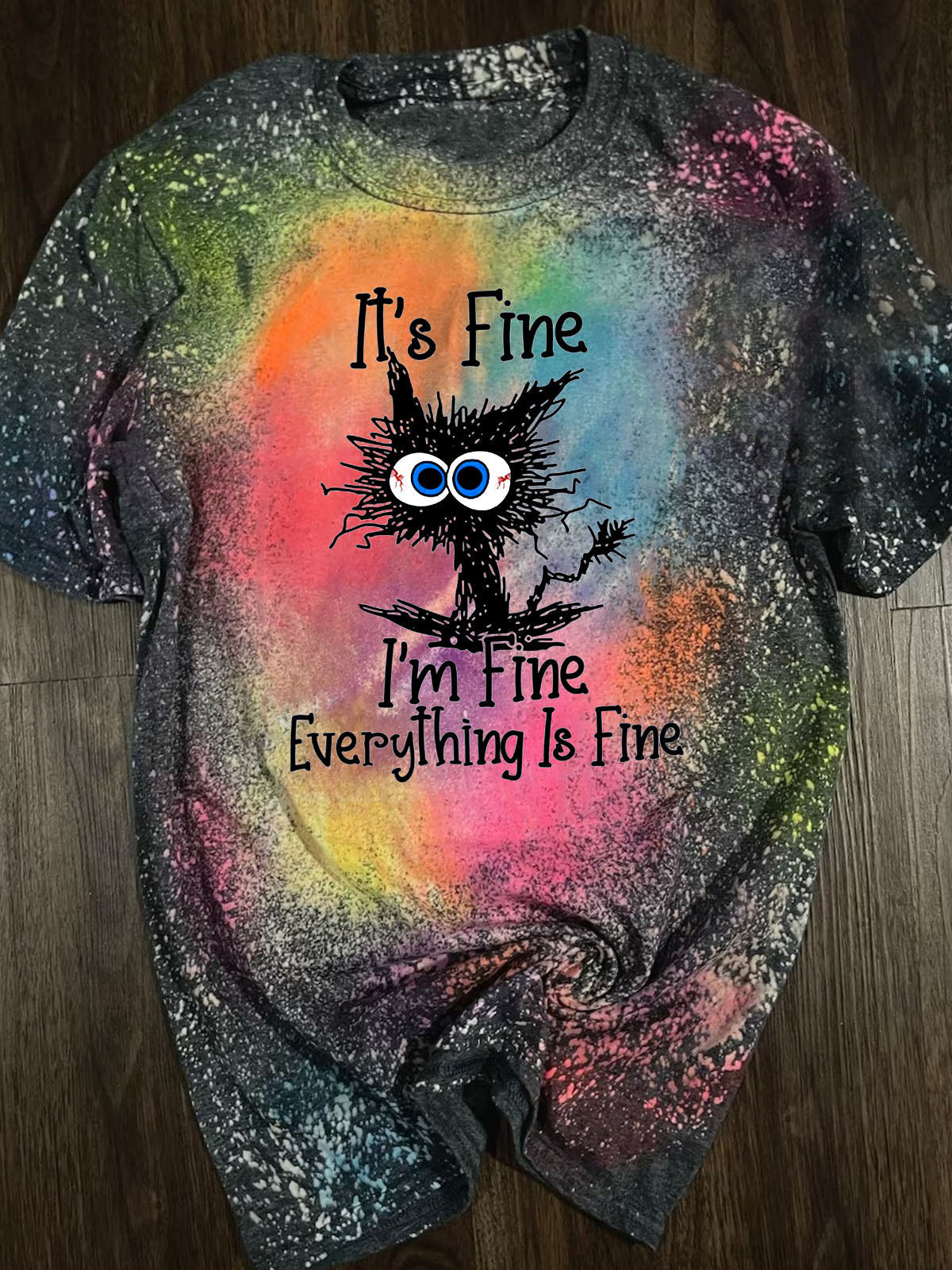 T-shirt col rond femme imprimé chat rigolo tie-dye