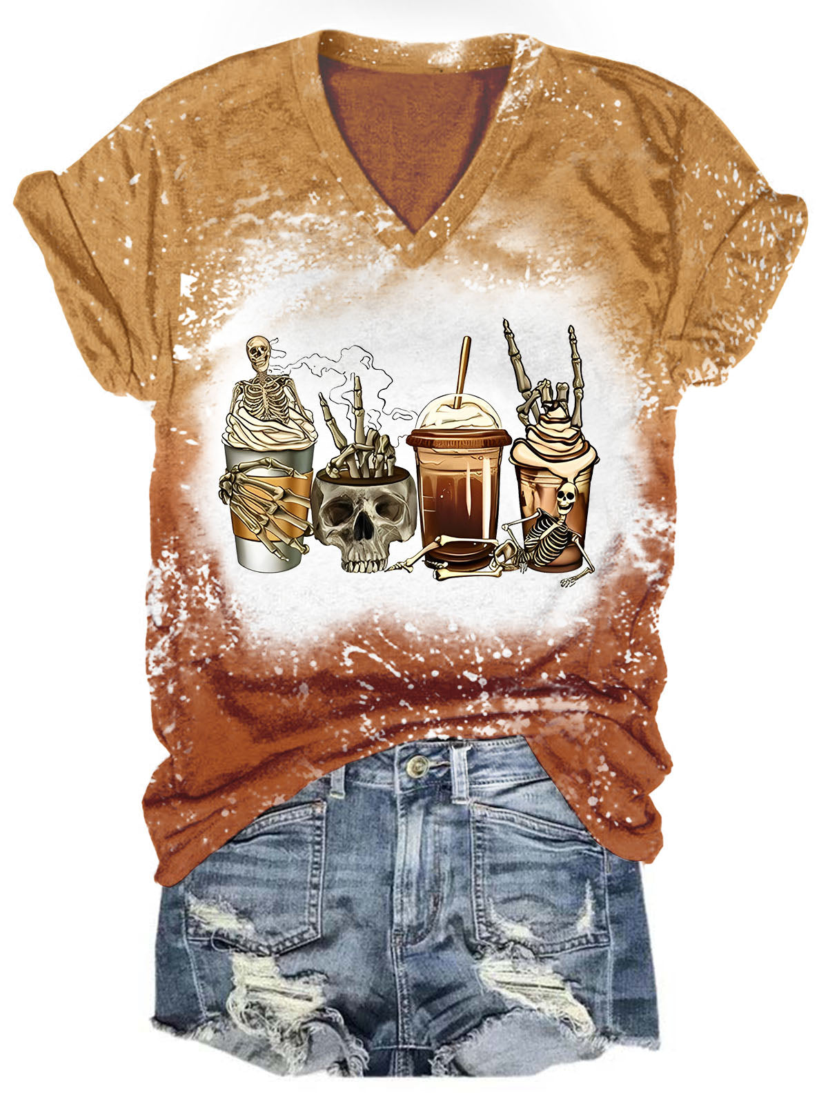 T-shirt femme tie-dye dégradé à imprimé tête de mort et café