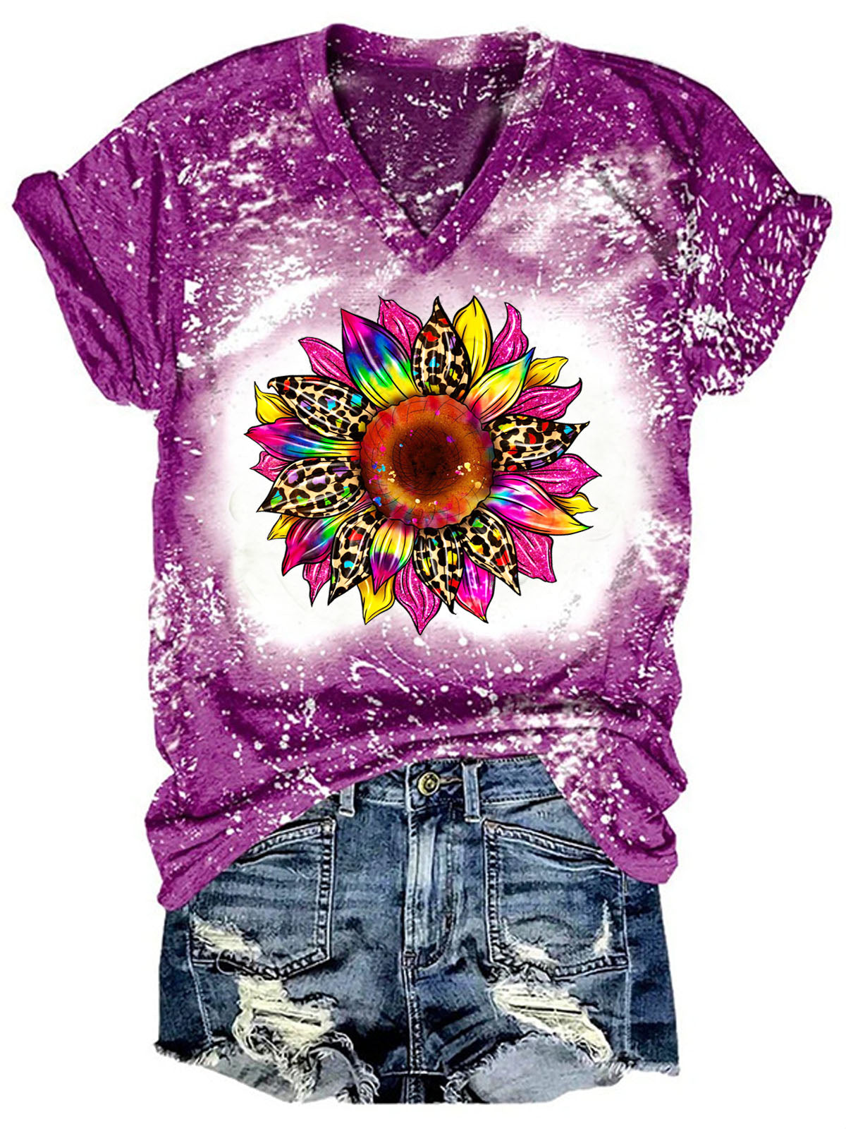 T-shirt col V imprimé tournesol tie-dye