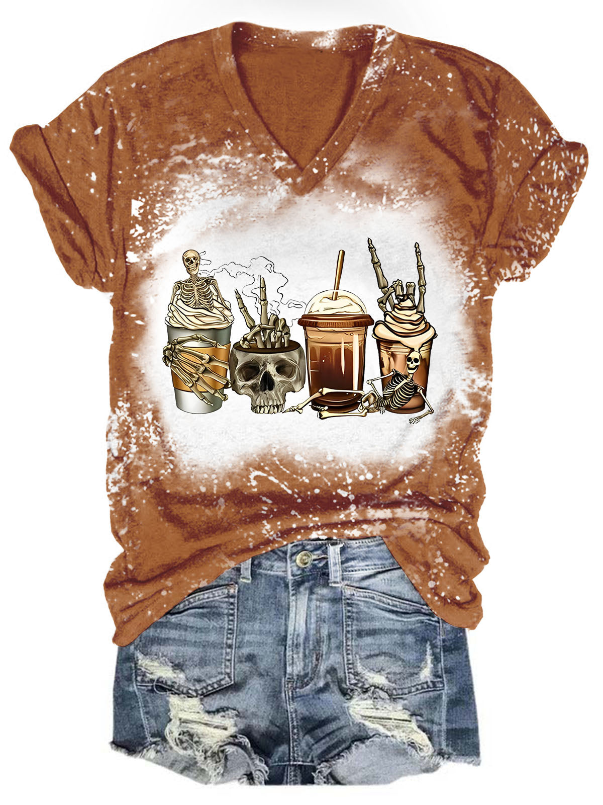T-shirt femme tie-dye dégradé à imprimé tête de mort et café