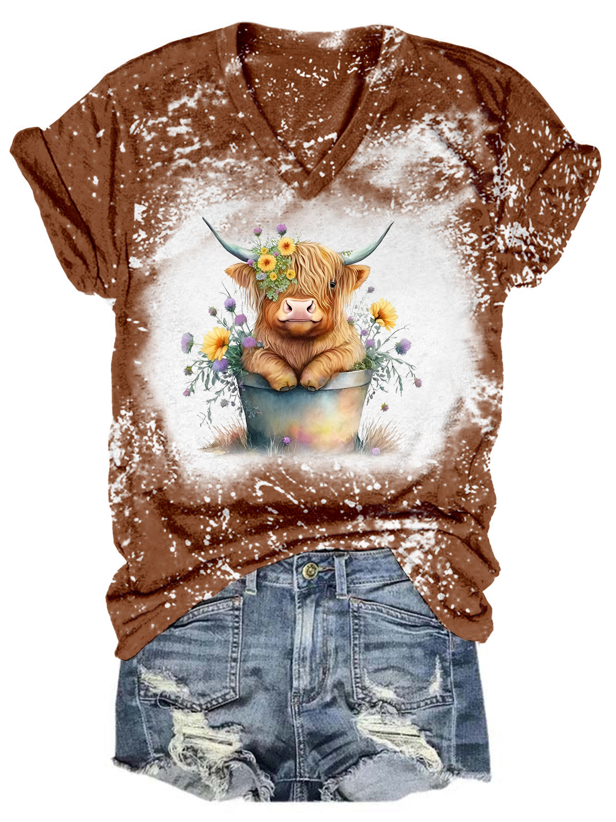 T-shirt col V tie-dye motif vache Highland pour bébé
