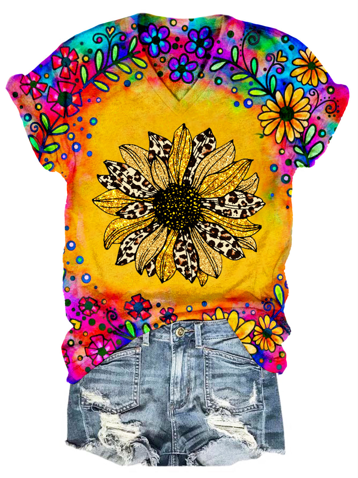 T-shirt col V imprimé tournesol tie-dye