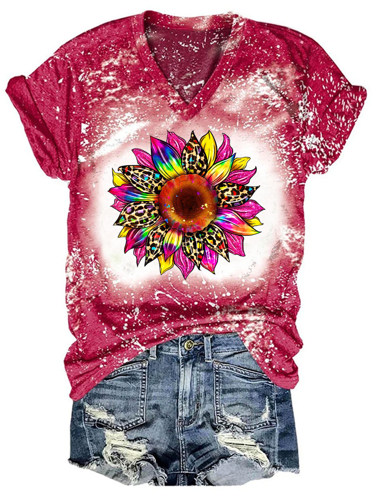 T-shirt col V imprimé tournesol tie-dye