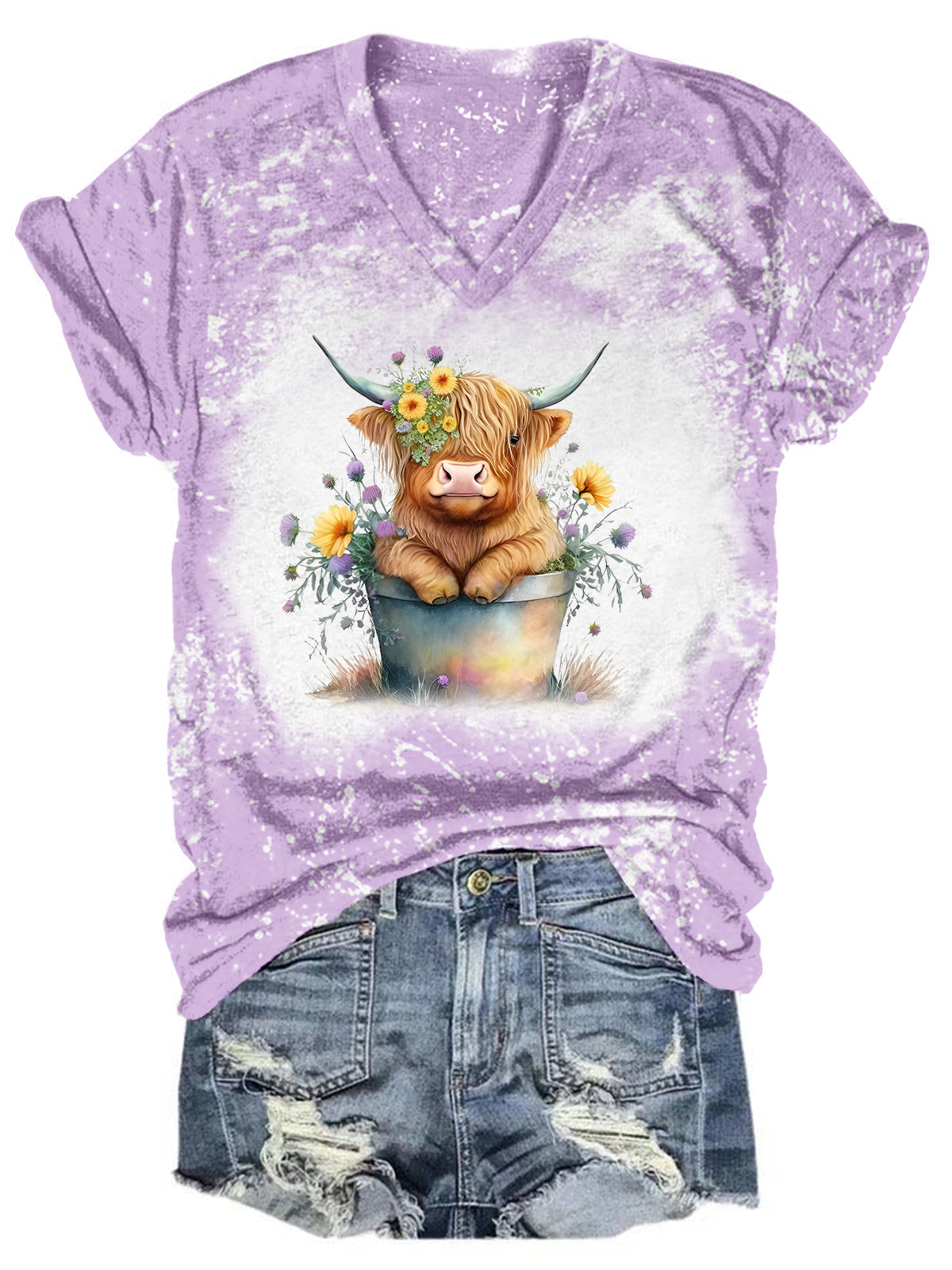 T-shirt col V tie-dye motif vache Highland pour bébé
