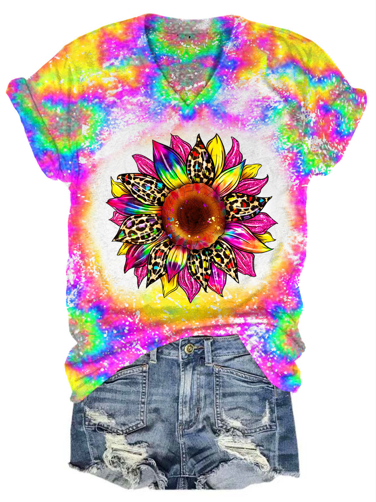 T-shirt col V imprimé tournesol tie-dye