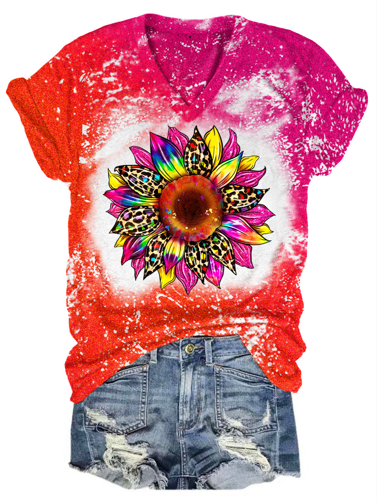 T-shirt col V imprimé tournesol tie-dye