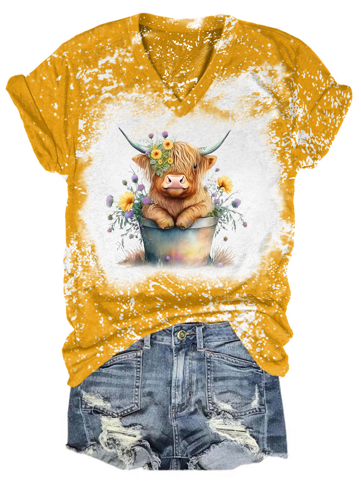 T-shirt col V tie-dye motif vache Highland pour bébé