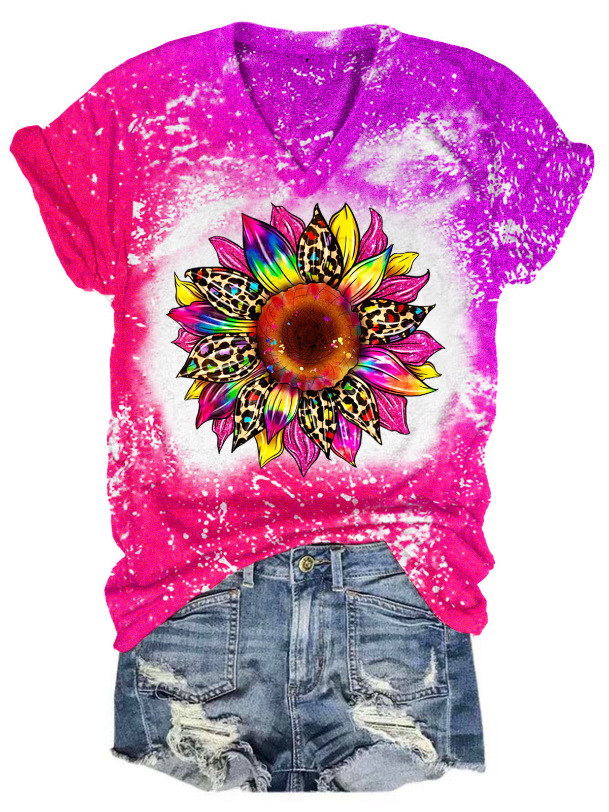 T-shirt col V imprimé tournesol tie-dye