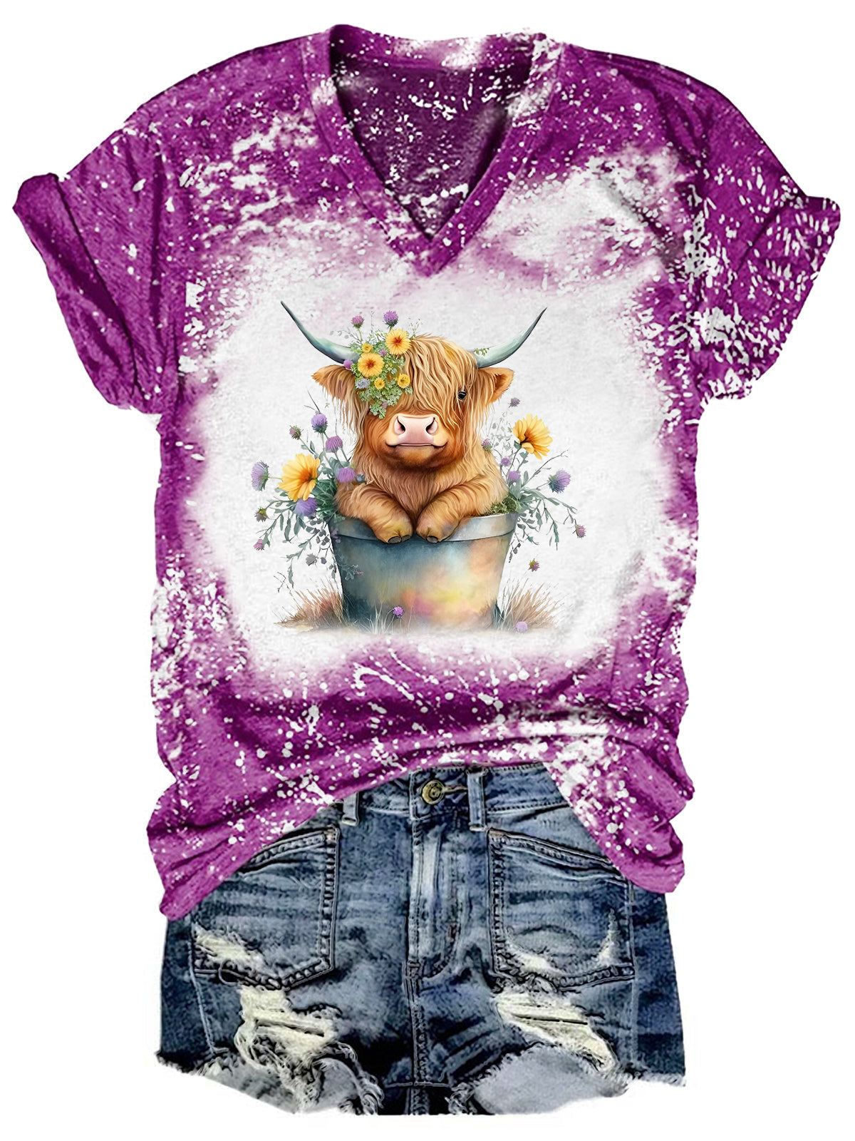 T-shirt col V tie-dye motif vache Highland pour bébé