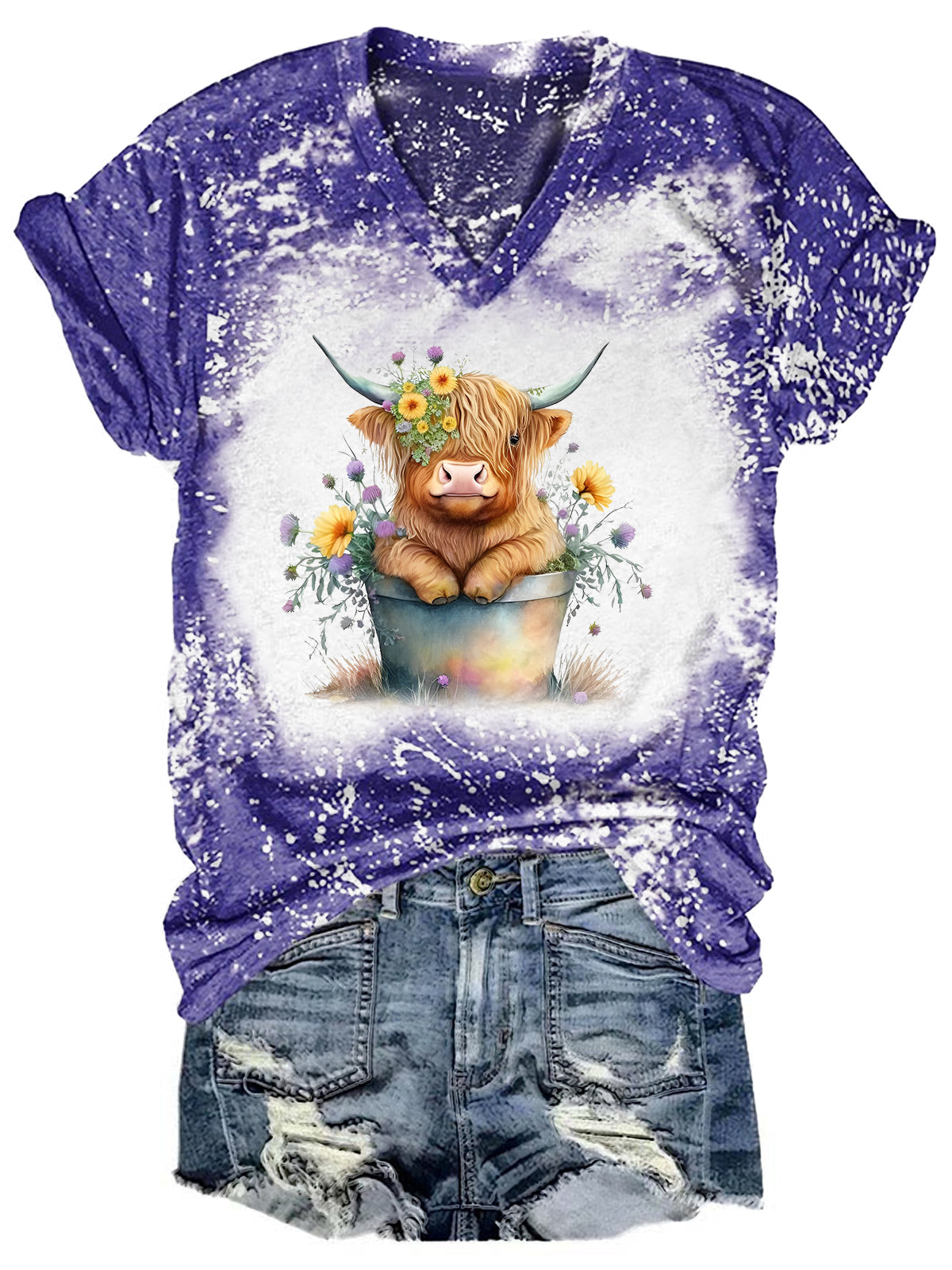 T-shirt col V tie-dye motif vache Highland pour bébé