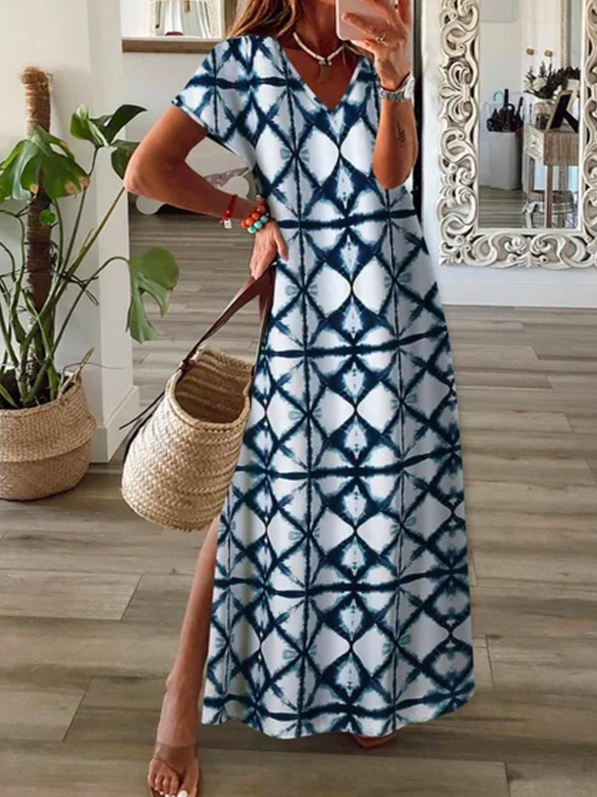 Vintage Tie Dye Kurzarm Maxikleid mit V-Ausschnitt