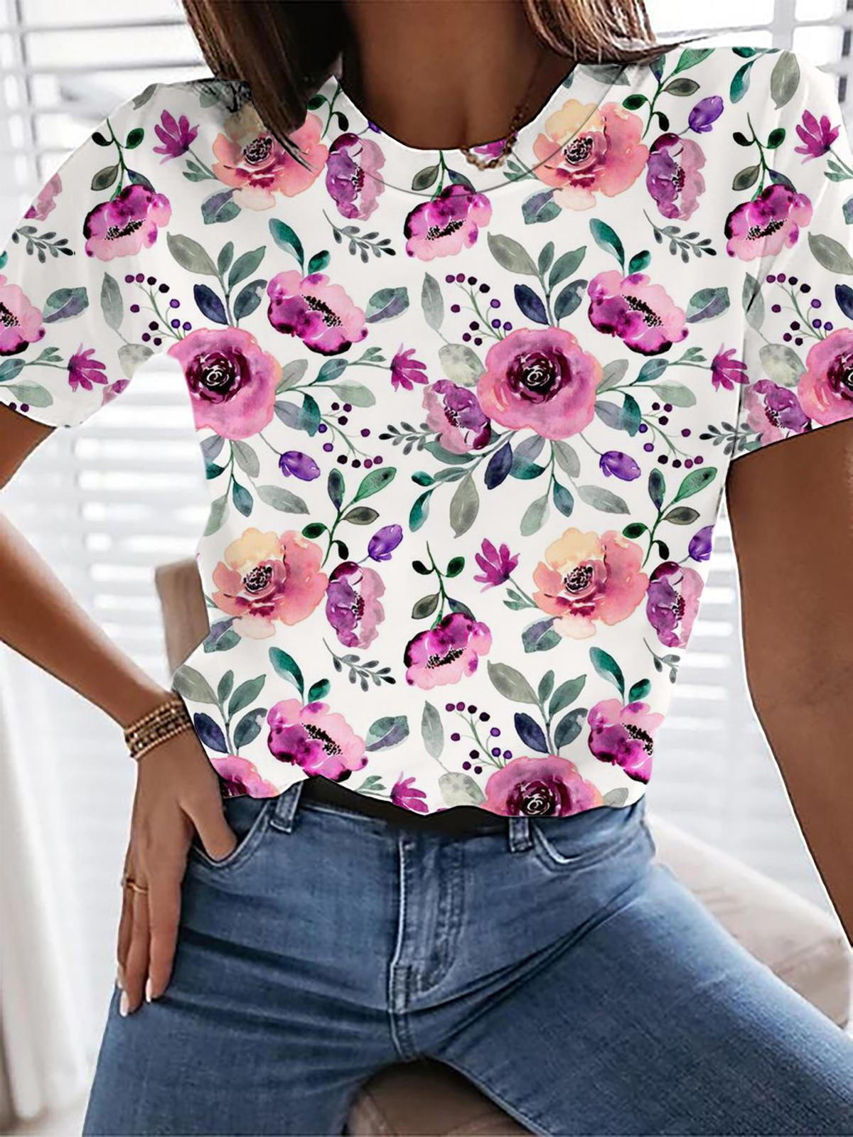 Aquarell Lila Blumen Rundhals T-Shirt