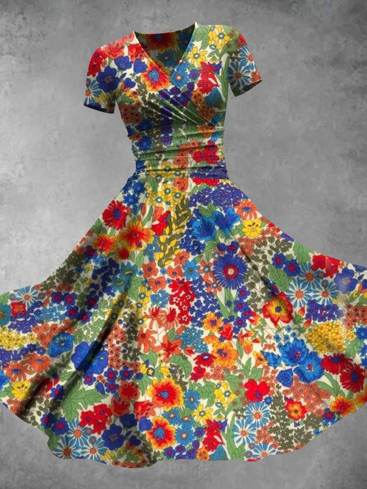 플라워 V넥 반팔 여성용 드레스-996