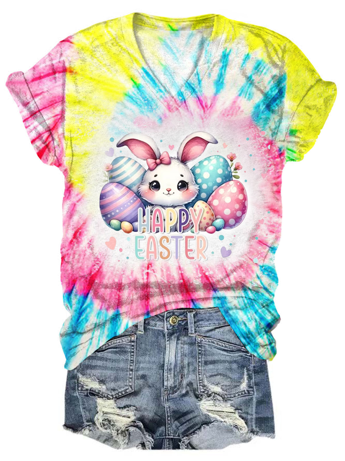 T-shirt à manches courtes et col en V avec imprimé Joyeuses Pâques